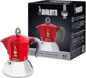 Bialetti New Moka Induction Induction Coffee Maker, 2 Cups, 100 milliliters, Aluminium, Red [Energy Class A+]