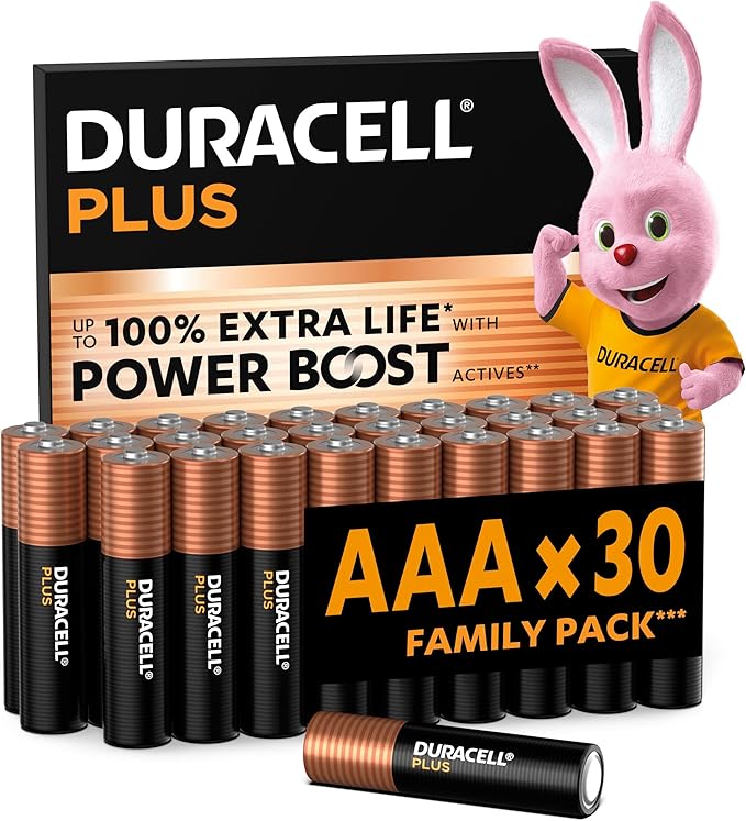 DURACELL Plus AAA Batteries (30 Pack) – Alkaline Batteries 1.5V – Up to 100% Extra Life with POWER BOOST Actives– Reliability For Everyday Devices – 0% Plastic Packaging – 10-Year Storage