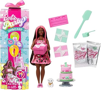 Barbie Party Unboxed Doll & Accessories, Pet Birthday Series Shimmerin’ Hearts Set with 10 Surprises Including Color Change & Cake-Decorating Activity